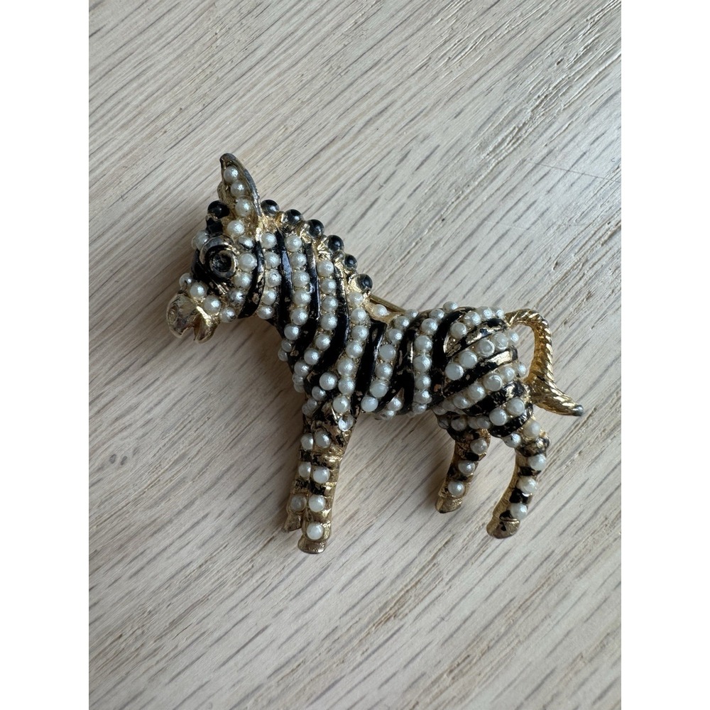 Zebra Donkey Brooch with Pearls & Black Beading Accents Jewelry
